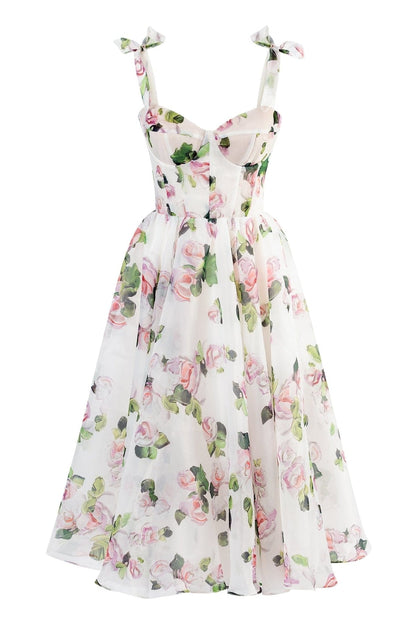 TENDER FLORAL MIDI TIE-STRAP DRESS