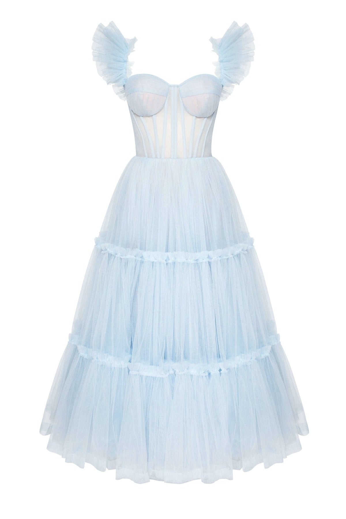 LIGHT BLUE RUFFLED TULLE MIDI DRESS