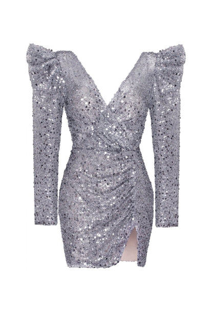 SILVER METALLIC LONG-SLEEVE SEQUINED MINI DRESS