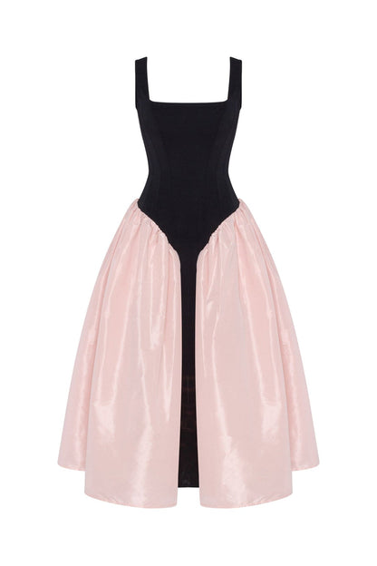 BLACK CORSET DRESS ON STRAPS WITH A GLOSSY PINK MIDI SKIRT