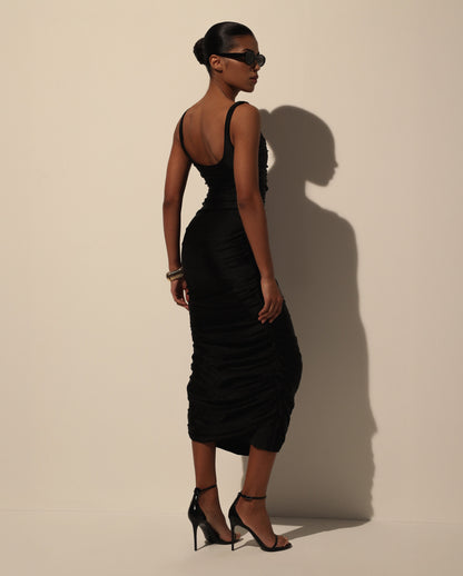 BLACK DRAPED MIDI DRESS