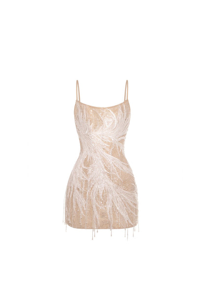 BEIGE LACE CORSET MINI DRESS EMBELLISHED WITH SEQUINS AND FRINGES