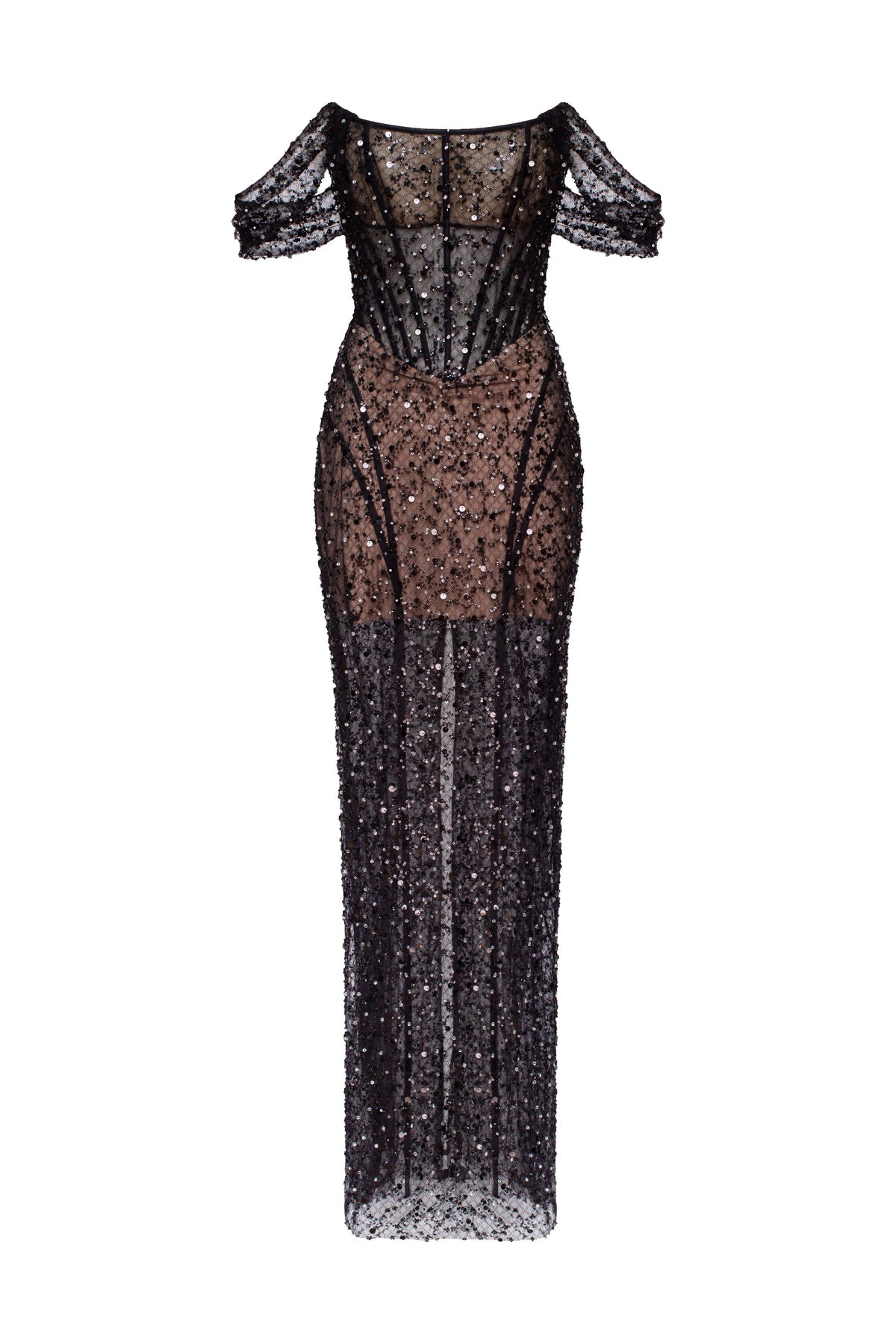 STRIKING BLACK SEQUINED FITTED MAXI DRESS, MIDNIGHT WALK