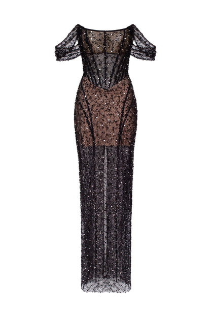 STRIKING BLACK SEQUINED FITTED MAXI DRESS, MIDNIGHT WALK