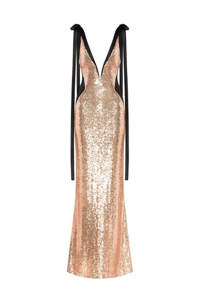 BIZZARE FULLY SEQUINED TIE-STRAPS GOLD MAXI DRESS, SMOKY QUARTZ