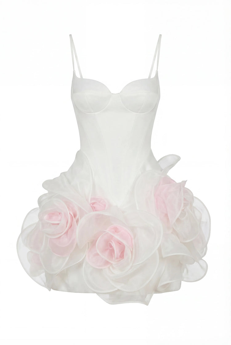 WHITE MINI DRESS WITH SATIN CORSET AND 3D FLORAL SKIRT