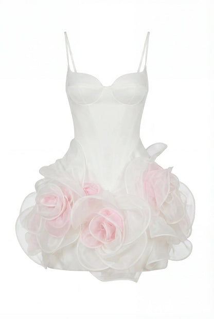 WHITE MINI DRESS WITH SATIN CORSET AND 3D FLORAL SKIRT
