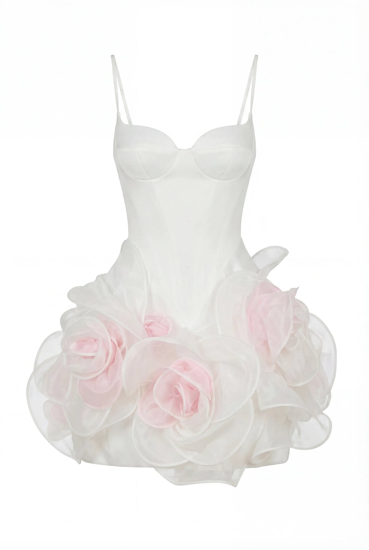 WHITE MINI DRESS WITH SATIN CORSET AND 3D FLORAL SKIRT