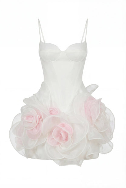 WHITE MINI DRESS WITH SATIN CORSET AND 3D FLORAL SKIRT