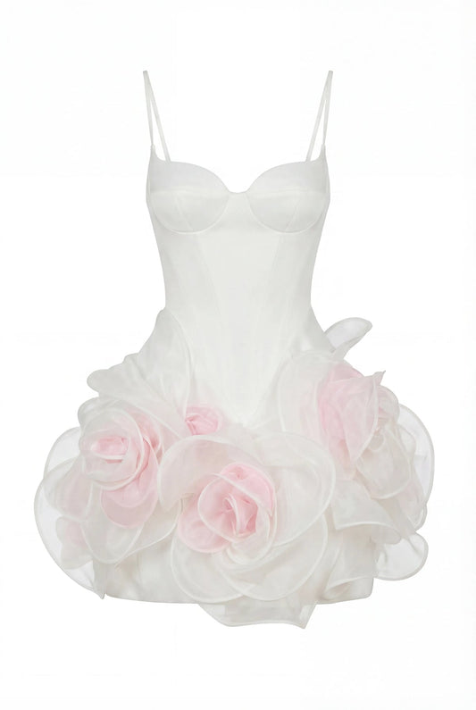 WHITE MINI DRESS WITH SATIN CORSET AND 3D FLORAL SKIRT