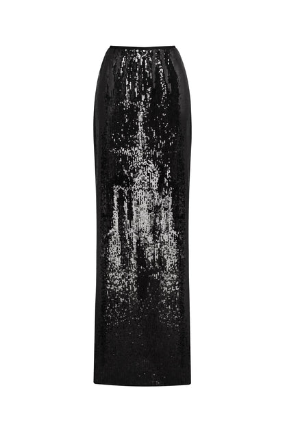 DRAMATIC FITTED SEQUINED BLACK MAXI SKIRT, MIDNIGHT WALK
