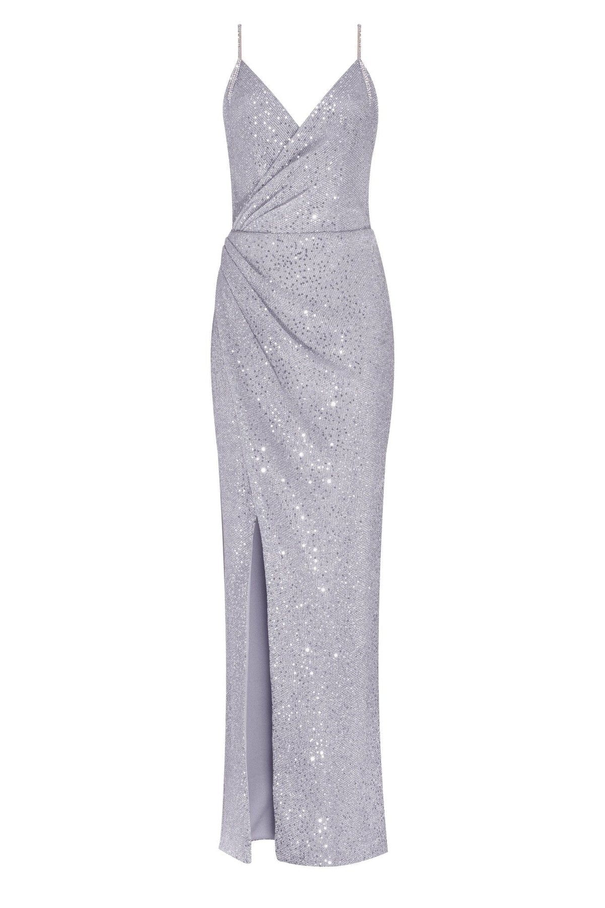 SPAGHETTI STRAPS SILVER SPARKLING WRAPPED MAXI DRESS