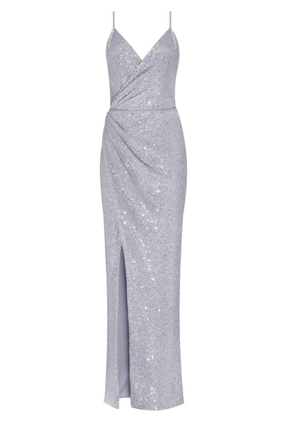 SPAGHETTI STRAPS SILVER SPARKLING WRAPPED MAXI DRESS