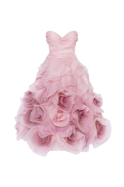 DRAMATIC FLOWERED ORGANZA MIDI DRESS IN MISTY ROSE, GLOW-UP