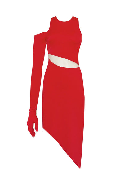 JAW-DROPPING ASYMMETRIC RED MIDI DRESS, XO XO