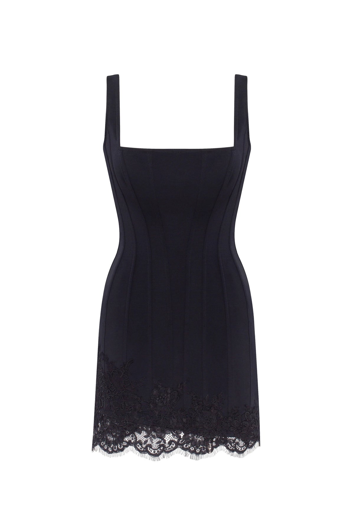 SULTRY BLACK CORSET MINI DRESS WITH LACE HEM, PARISIENNE