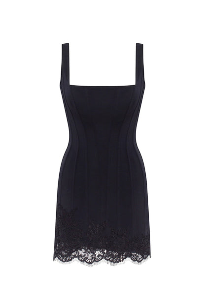 SULTRY BLACK CORSET MINI DRESS WITH LACE HEM, PARISIENNE
