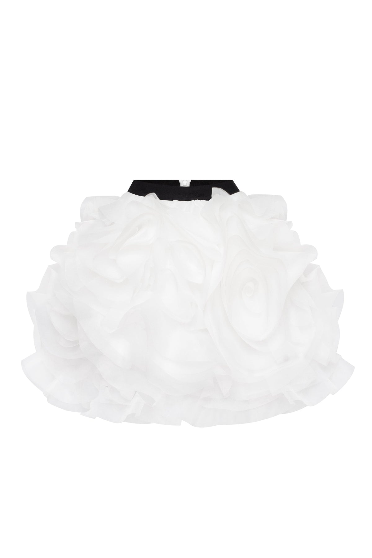 DANCEABLE MINI SKIRT WITH RUCHED FLOWER APPLIQUES IN WHITE, MIDNIGHT WALK