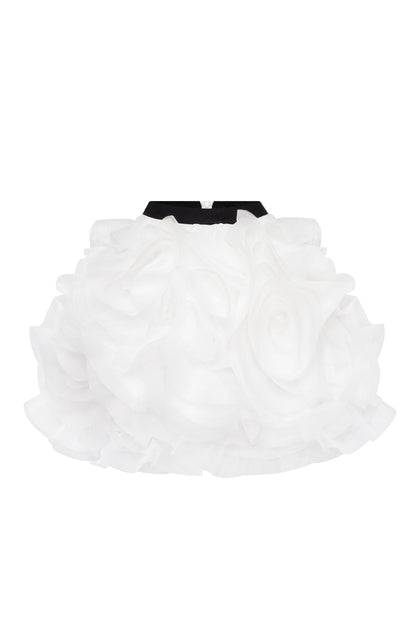 DANCEABLE MINI SKIRT WITH RUCHED FLOWER APPLIQUES IN WHITE, MIDNIGHT WALK