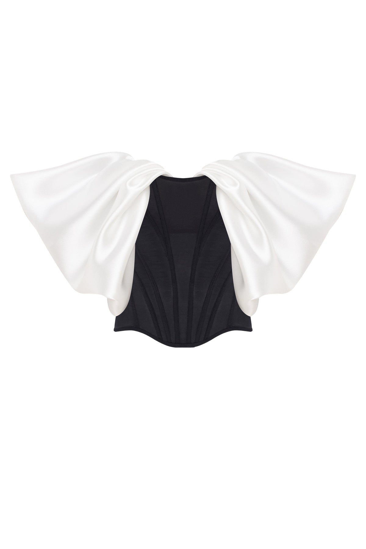 SOPHISTICATED BLACK FITTED CORSET WITH WHITE SATIN OFF-THE-SHOULDER SLEEVES, MIDNIGHT WALK