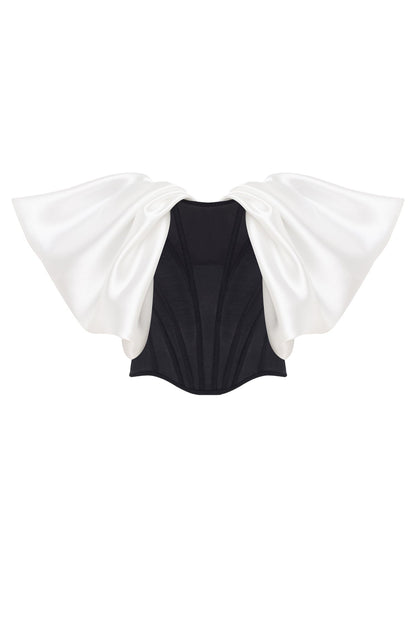 SOPHISTICATED BLACK FITTED CORSET WITH WHITE SATIN OFF-THE-SHOULDER SLEEVES, MIDNIGHT WALK