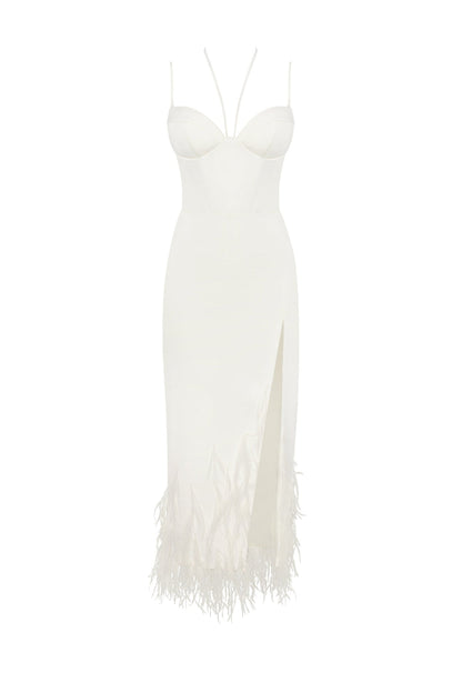 WHITE COCKTAIL DRESS DECORATED WITH FEATHERS, XO XO