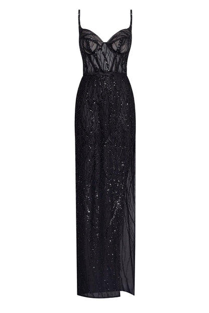 ASTONISHING SEQUINED MAXI GOWN ON SPAGHETTI STRAPS