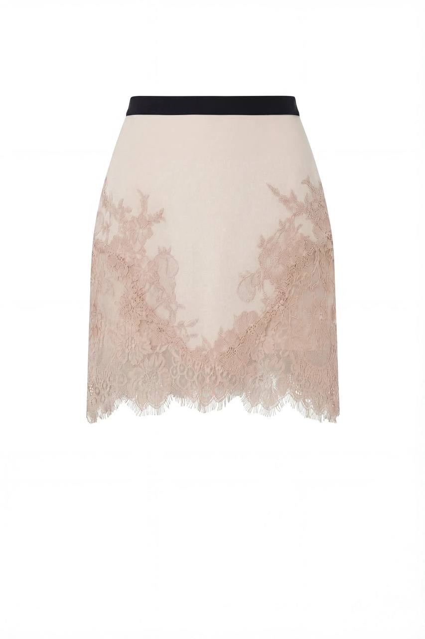 FITTED BEIGE MINI SKIRT ADORNED WITH LACE, PARISIENNE