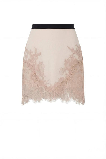 FITTED BEIGE MINI SKIRT ADORNED WITH LACE, PARISIENNE