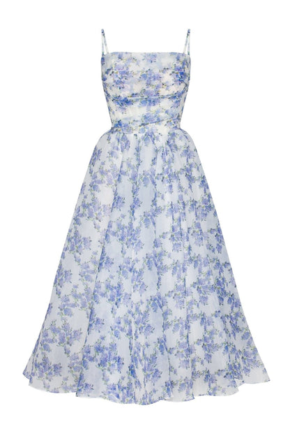 BLUE HYDRANGEA SPAGHETTI STRAP MIDI DRESS