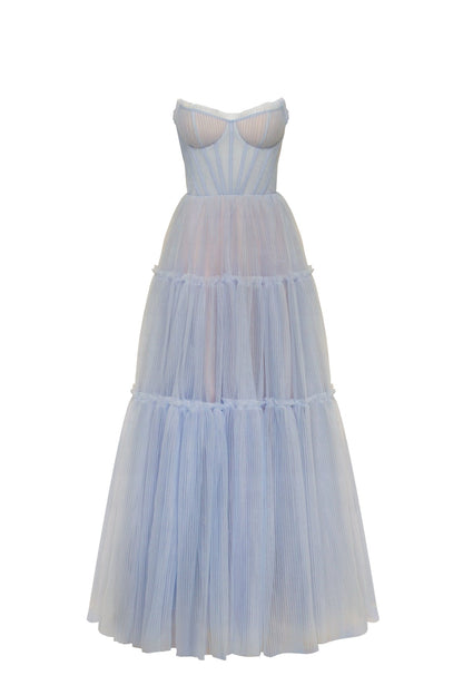CLOUDY BLUE TULLE MAXI DRESS WITH RUFFLED SKIRT, GARDEN OF EDEN