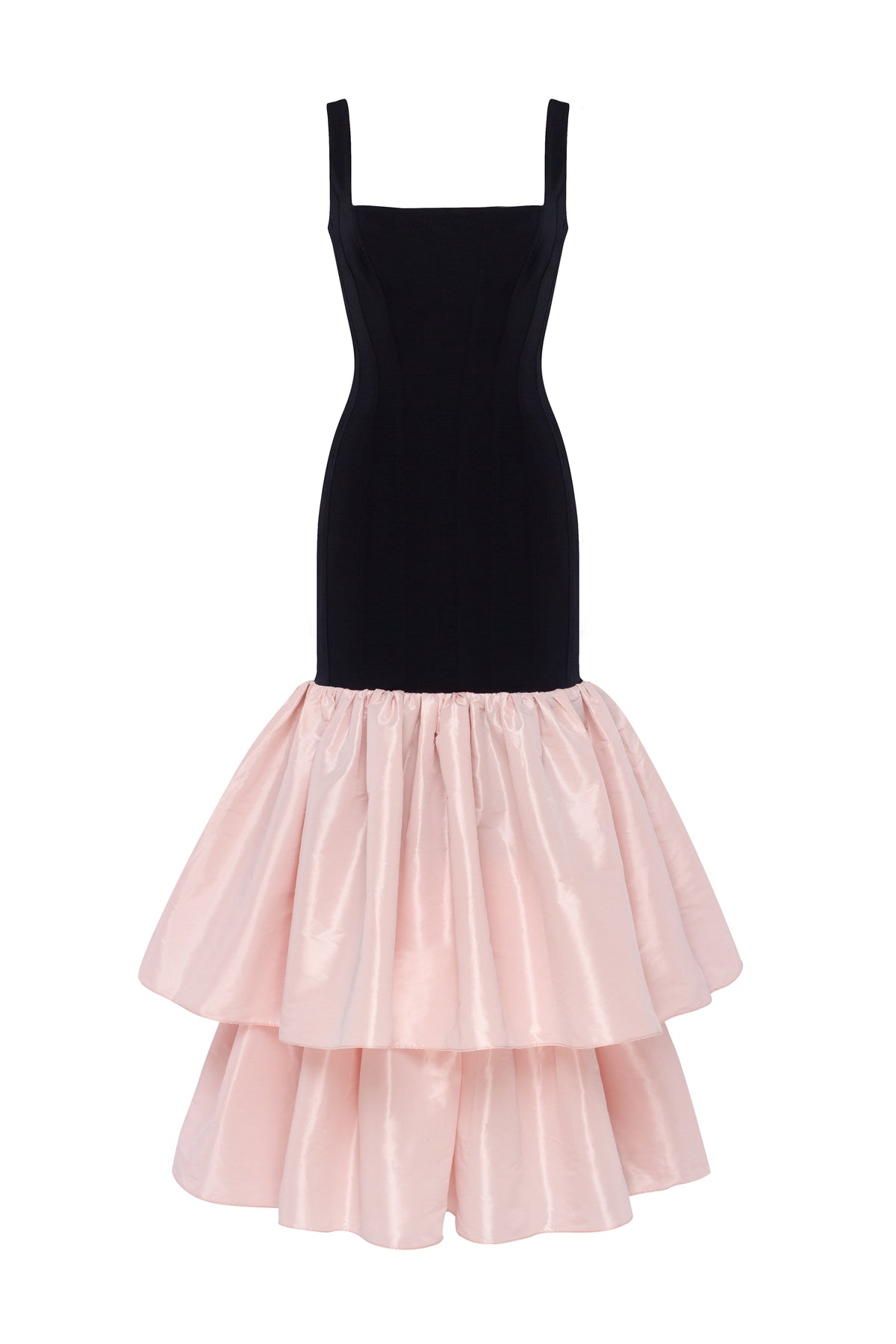 BLACK FITTED MAXI DRESS WITH PINK PUFFY TIERED SKIRT, PARISIENNE