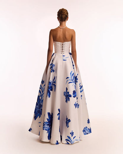WONDERFUL WHITE A-LINE MAXI DRESS WITH BLUE FLOWERS, GLOW-UP