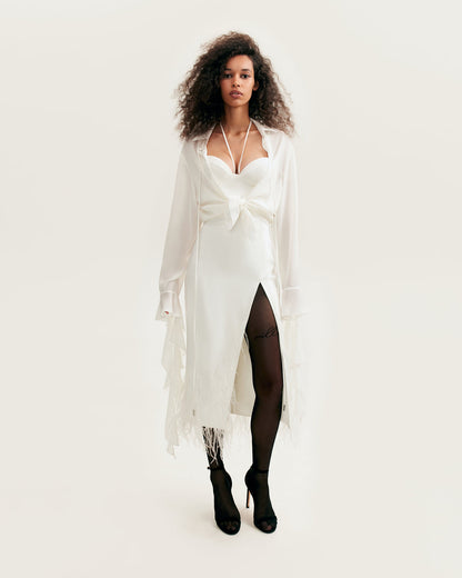 WHITE COCKTAIL DRESS DECORATED WITH FEATHERS, XO XO