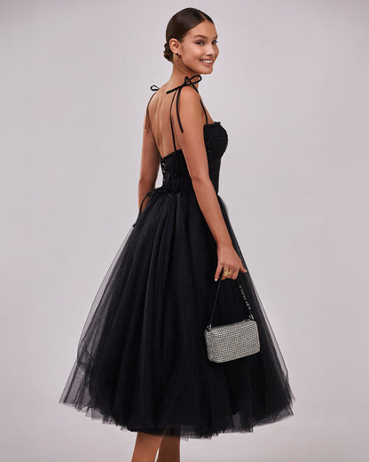 BLACK TIE-STRAP COCKTAIL DRESS WITH THE ELEGANT CORSET EMBROIDERY