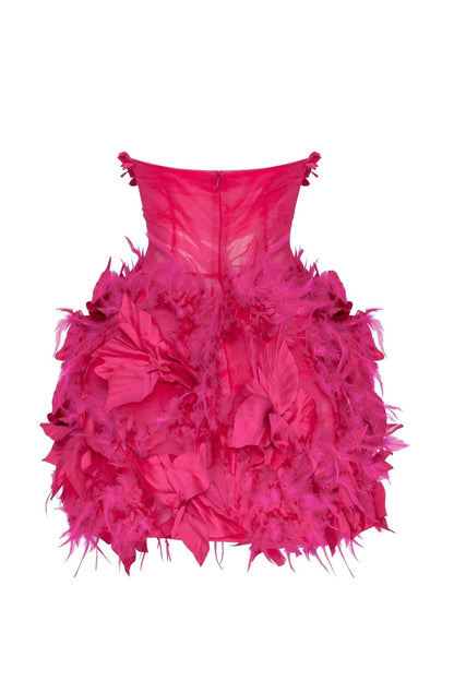 EPIC FUCHSIA TULLE MINI DRESS WITH FLORAL AND FEATHER APPLICATION