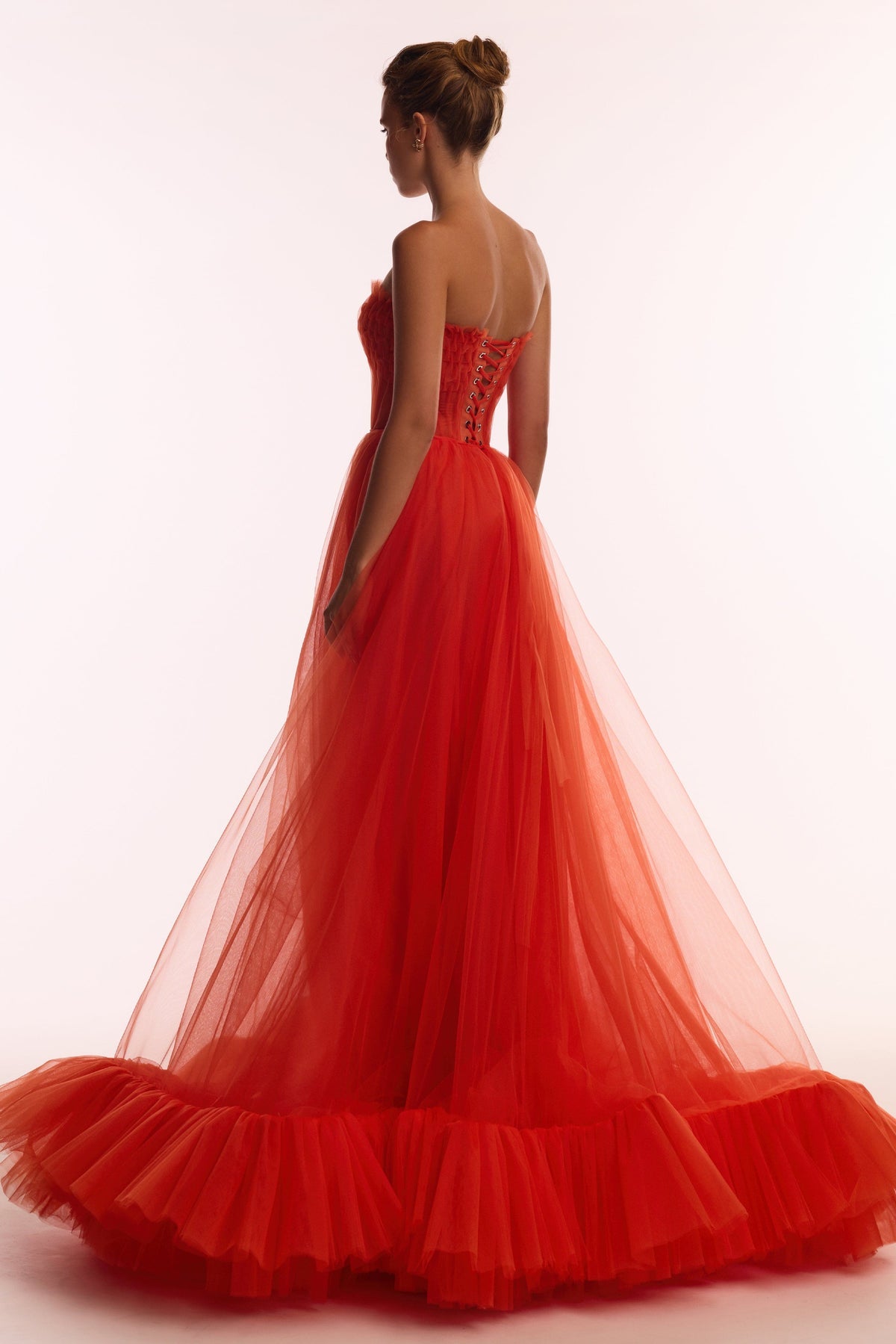 AIRY TULLE MAXI DRESS IN FIERY CORAL