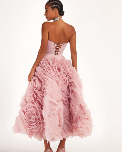 DRAMATICALLY FLOWERED TULLE DRESS IN MISTY PINK