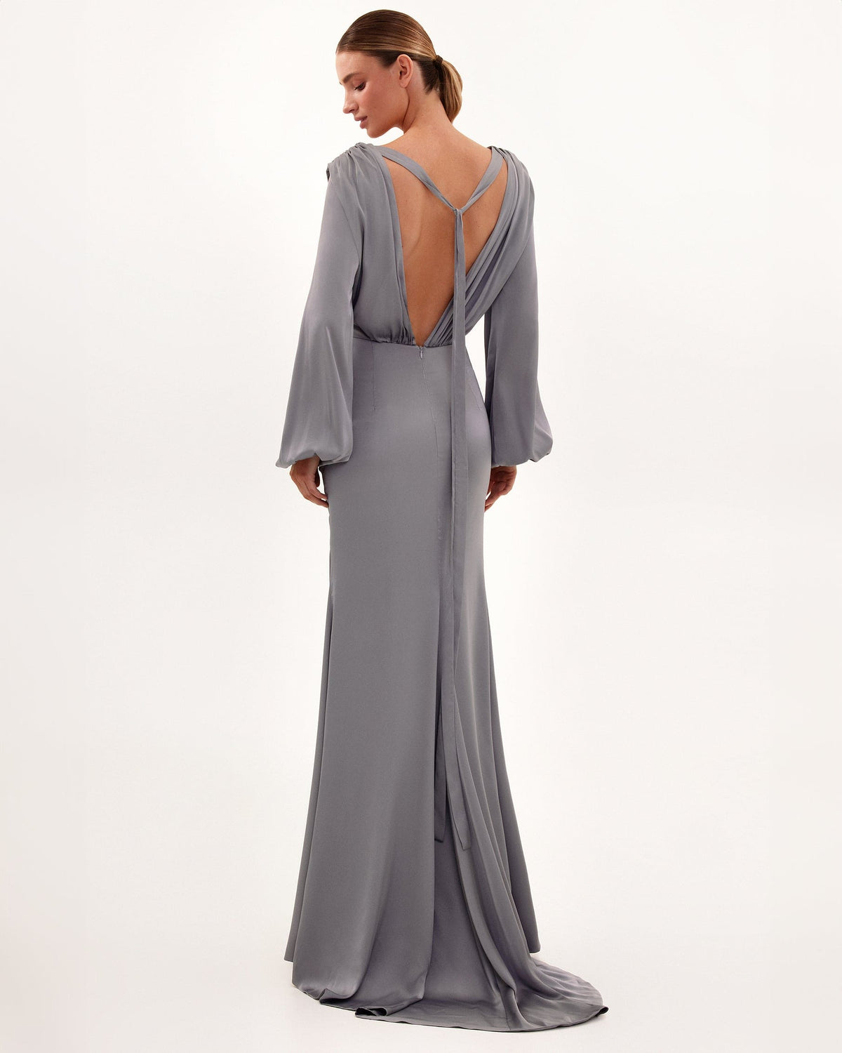 FANCY SILVER SILK MAXI EVENING DRESS