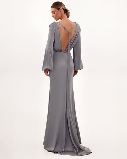 FANCY SILVER SILK MAXI EVENING DRESS