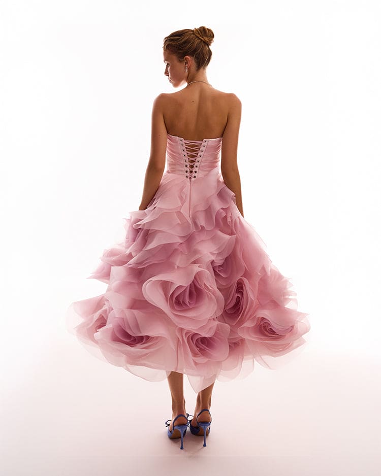 DRAMATIC FLOWERED ORGANZA MIDI DRESS IN MISTY ROSE, GLOW-UP