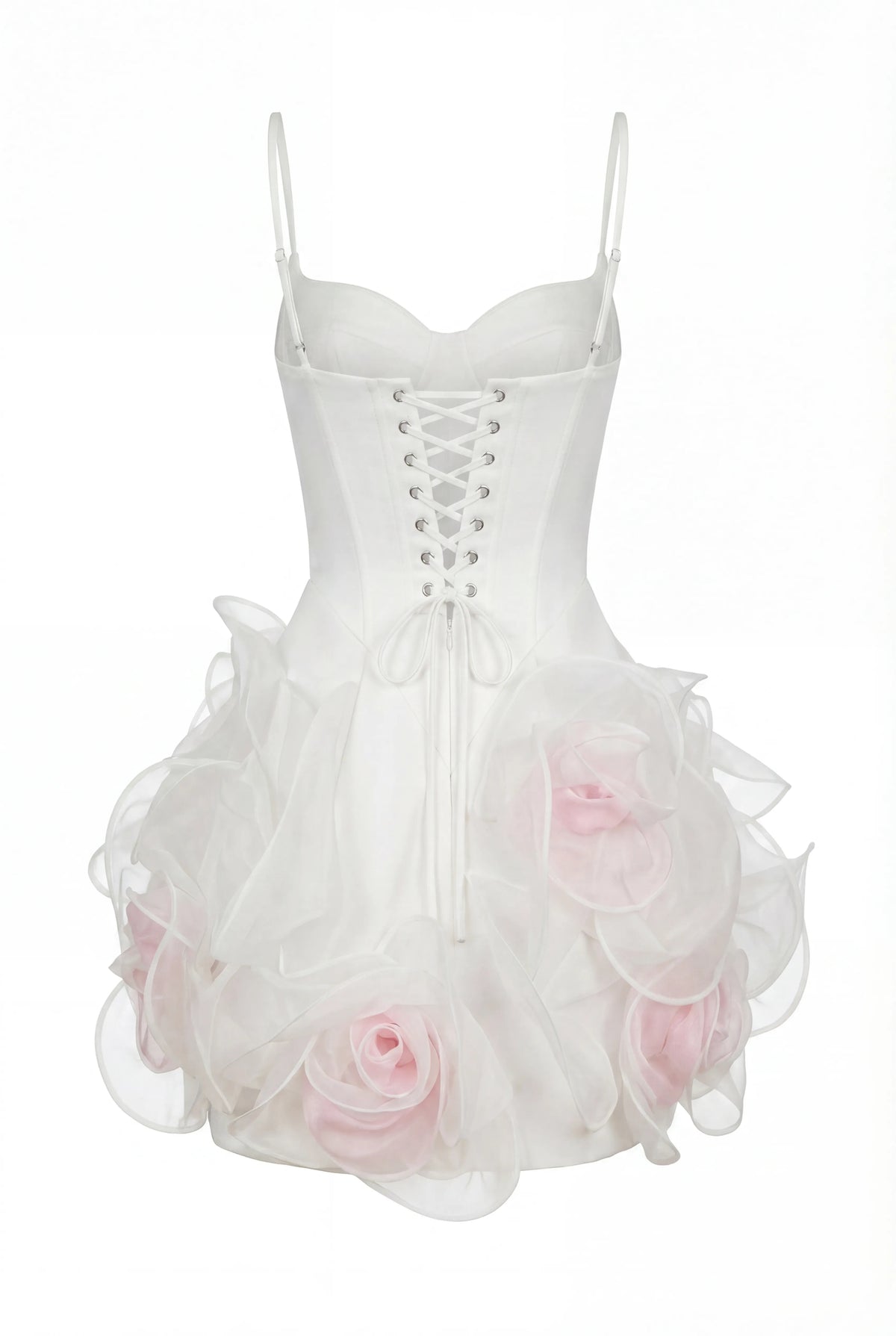 WHITE MINI DRESS WITH SATIN CORSET AND 3D FLORAL SKIRT