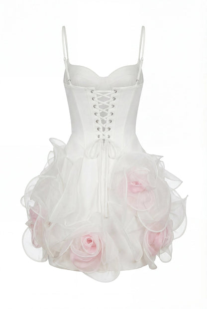 WHITE MINI DRESS WITH SATIN CORSET AND 3D FLORAL SKIRT