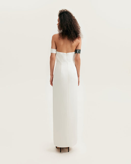 NOTEWORTHY WHITE SATIN MAXI GOWN COVERED IN SILVER SEQUINS, XO XO