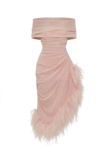 VELVET DRESS WITH FEATHERS