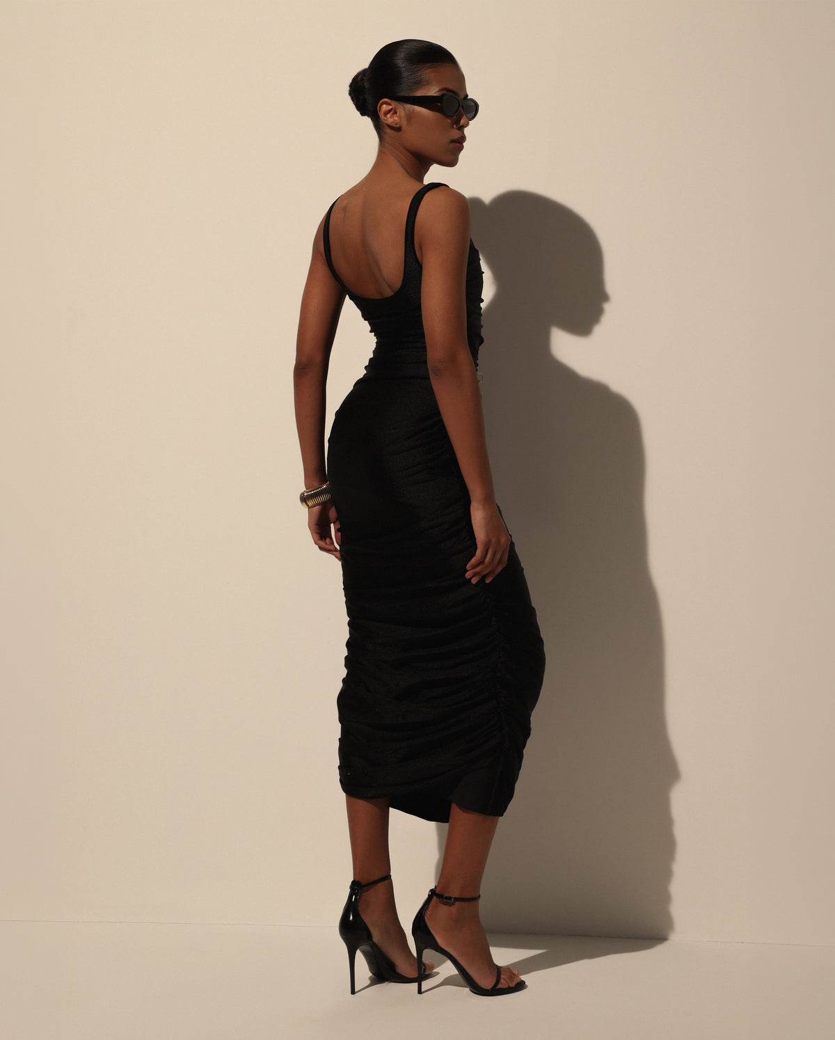 BLACK DRAPED MIDI DRESS