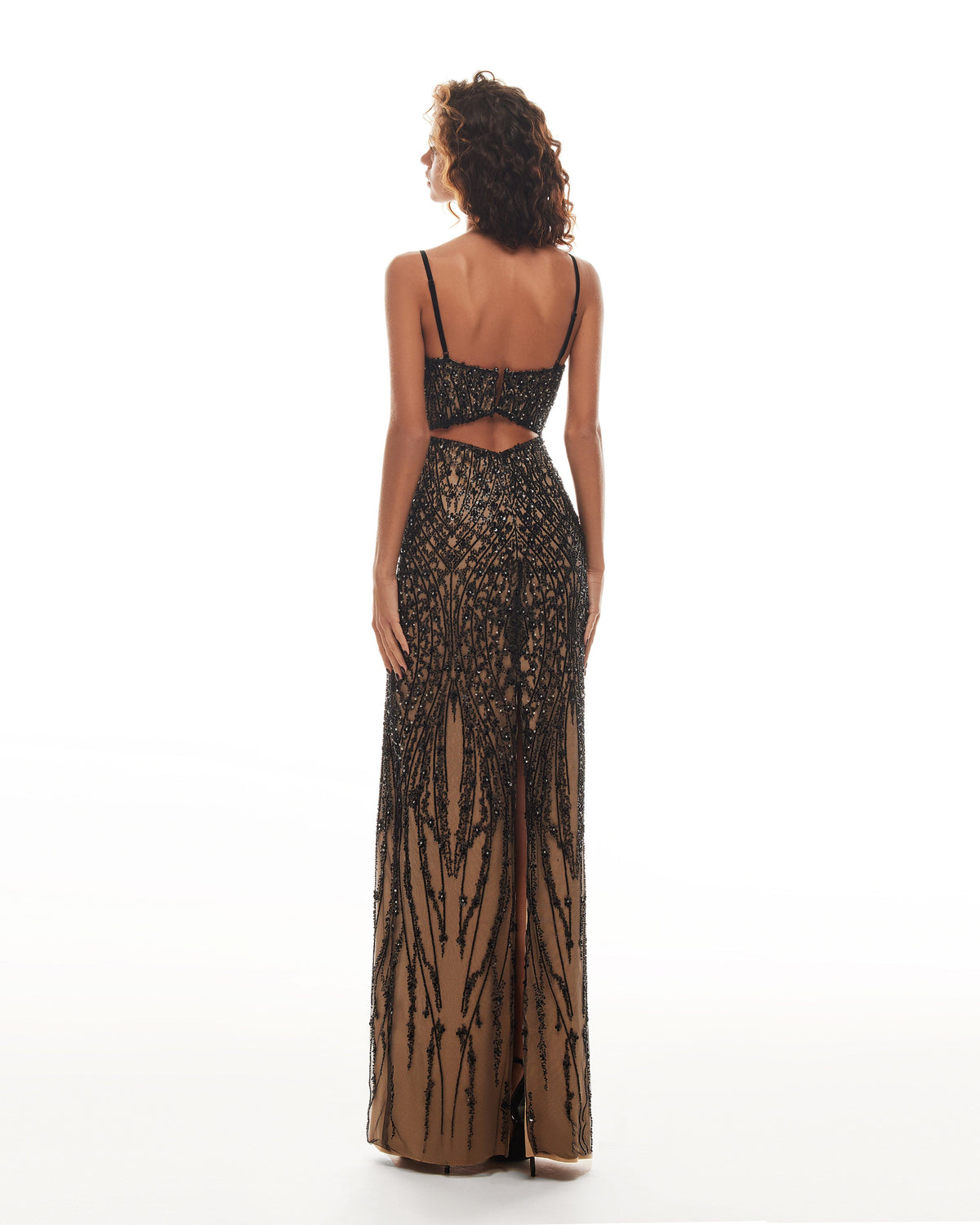 GALA-WORTHY BEIGE MAXI DRESS COVERED IN BLACK SEQUINED ORNAMENT, SMOKY QUARTZ