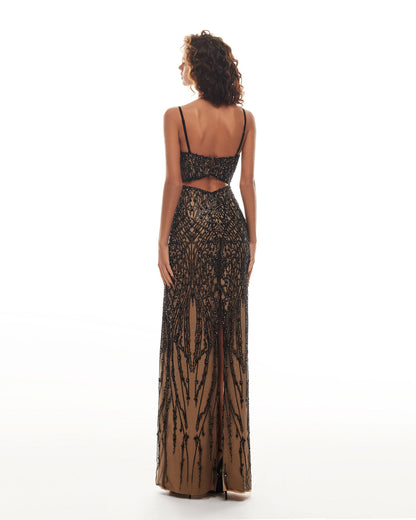 GALA-WORTHY BEIGE MAXI DRESS COVERED IN BLACK SEQUINED ORNAMENT, SMOKY QUARTZ