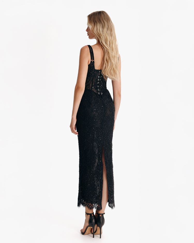 BLACK LACE SEQUINNED DRESS