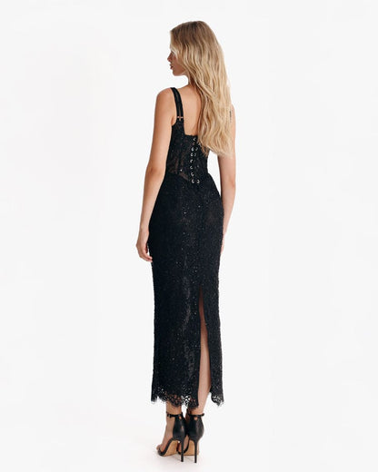 BLACK LACE SEQUINNED DRESS